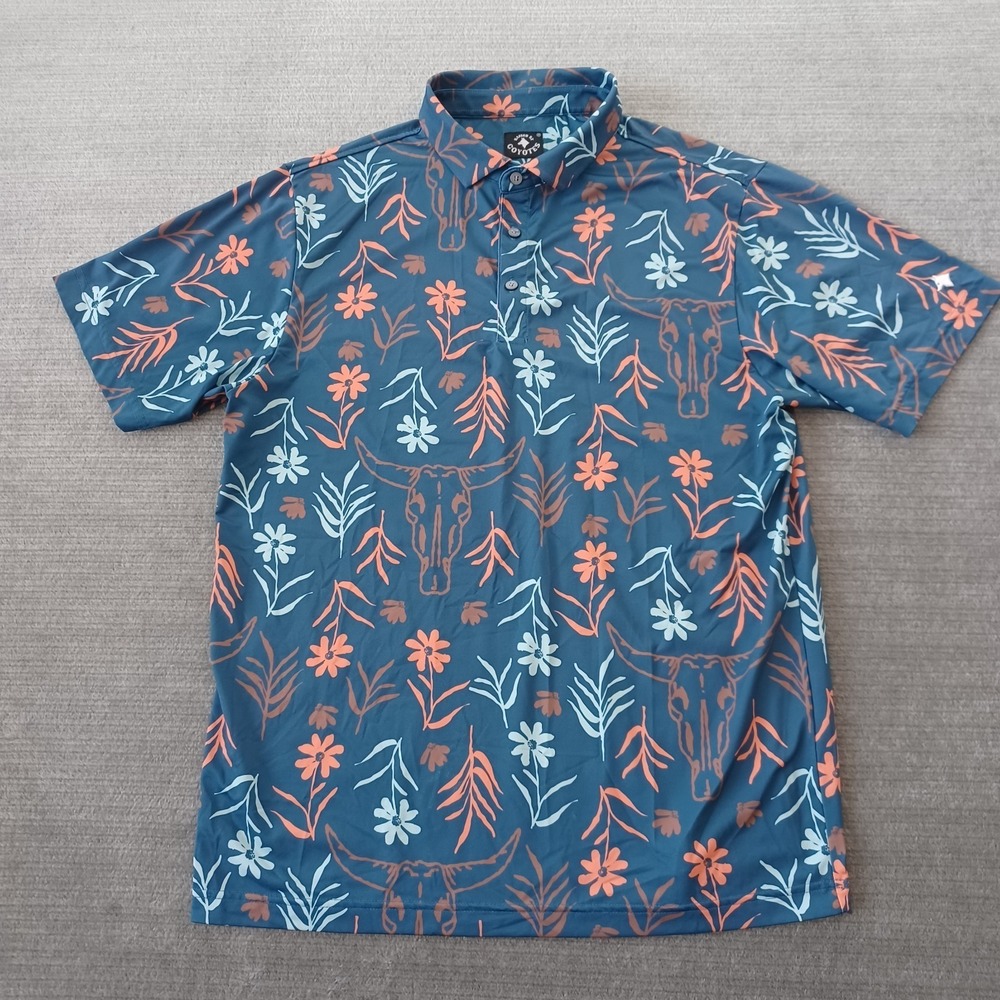 Raised By Coyotes Polo Shirt Men Medium Blue Floral Bull Skulls Golf Performance